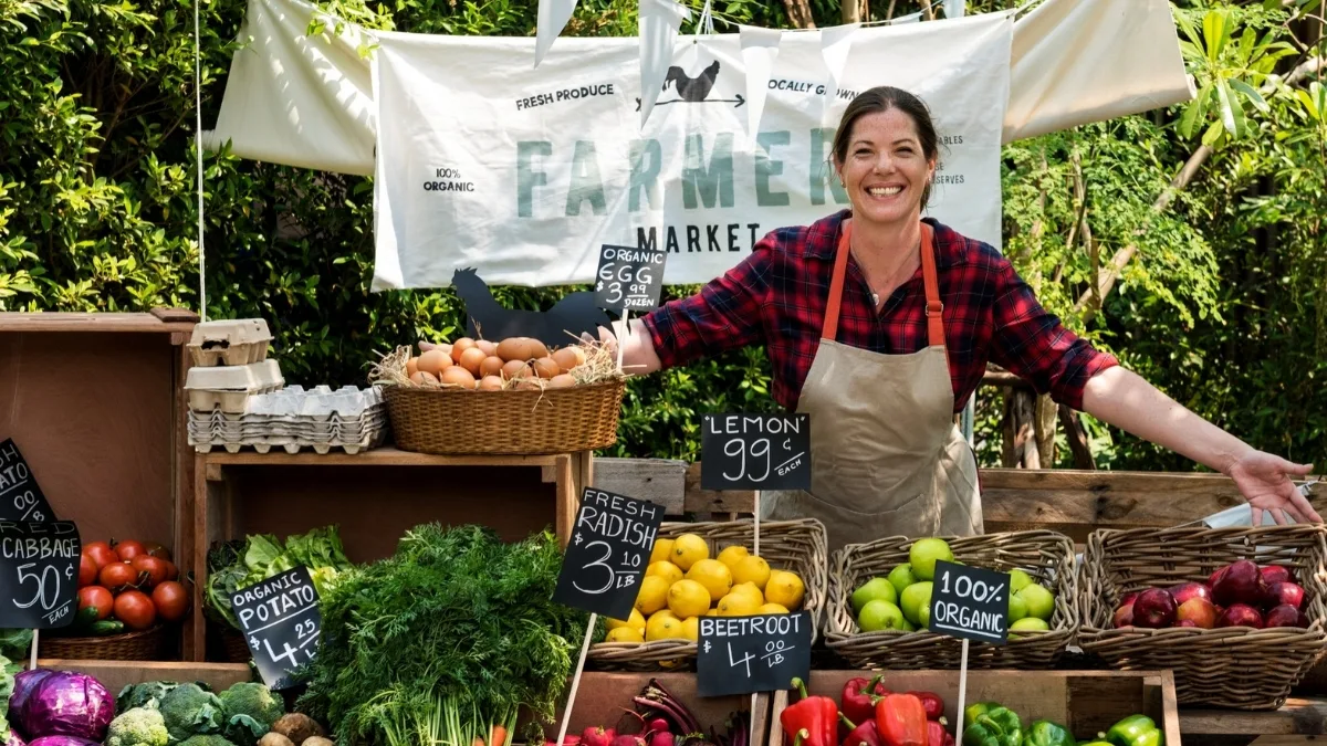 Farmer selling intercrop vegetables at local market during agroforestry establishment phase