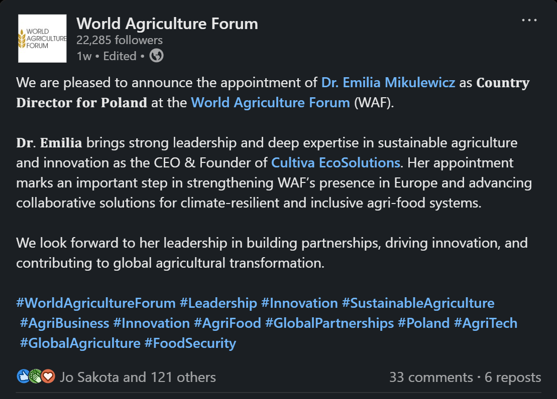 LinkedIn announcement from the World Agriculture Forum confirming Dr. Emilia Mikulewicz as Country Director for Poland